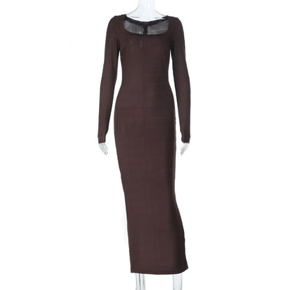 Off-Shoulder Long Sleeve Bandage Dress Solid Color Patchwork