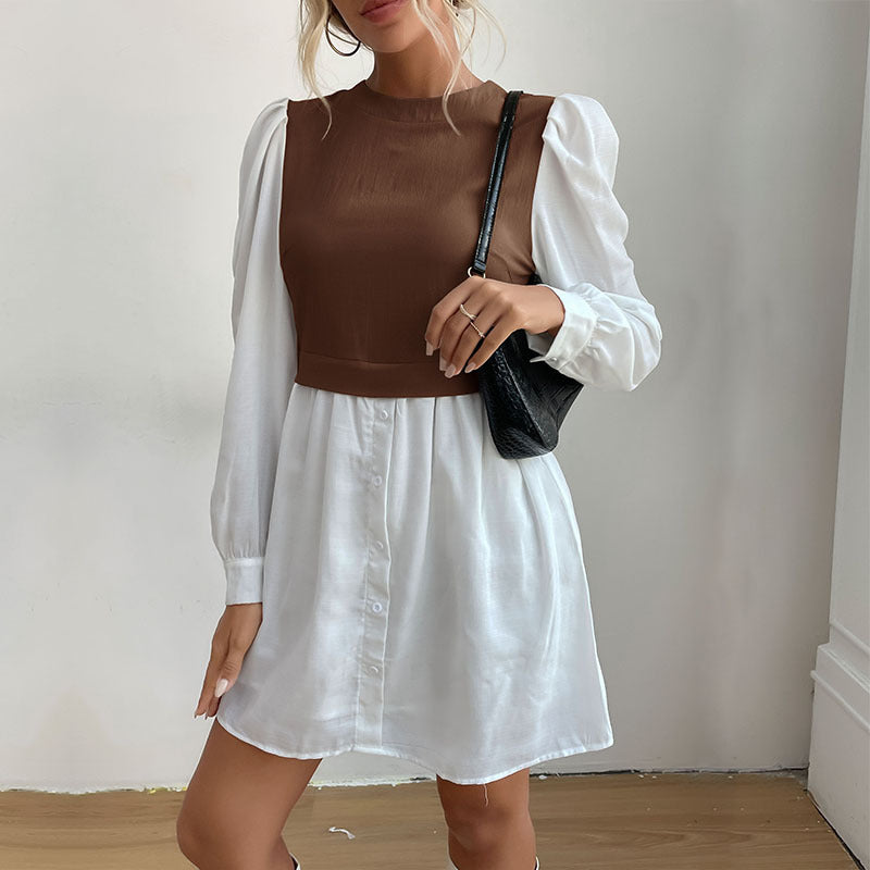Color Block Layered Look Dress with Puff Sleeves