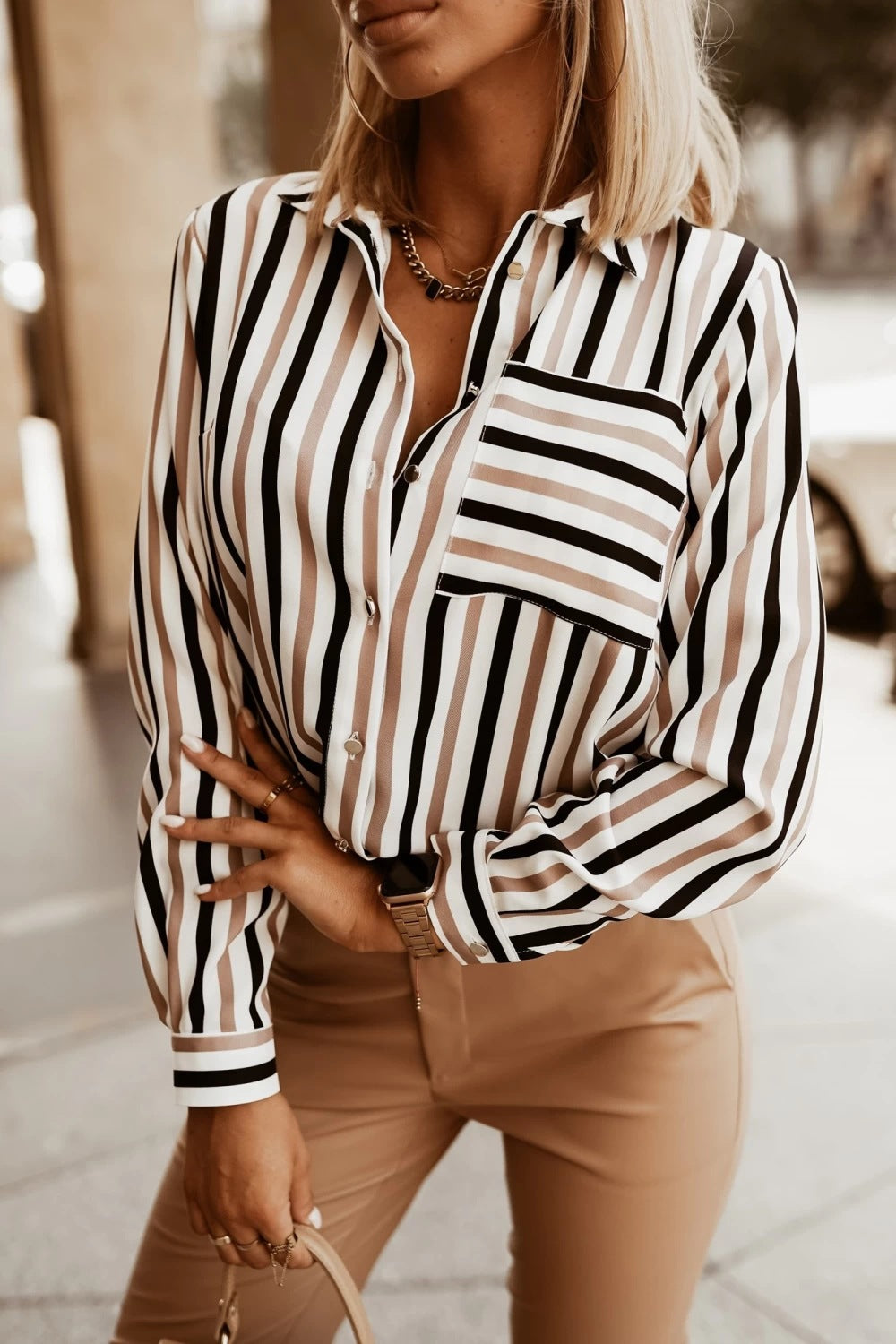 Striped Button-Down Shirt with V-Neck and Long Sleeves