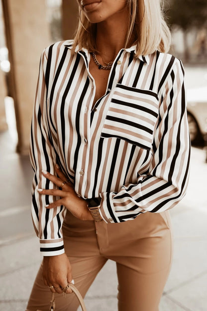 Striped Button-Down Shirt with V-Neck and Long Sleeves