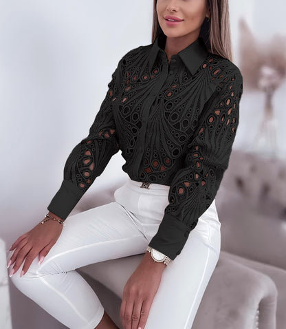 Hollow-Out Lace Button-Down Shirt with Lapel Collar