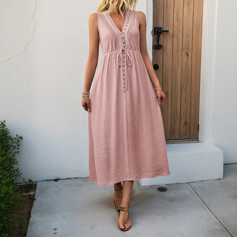 Solid A-Line Midi Dress with V-Neck and Tie Waist