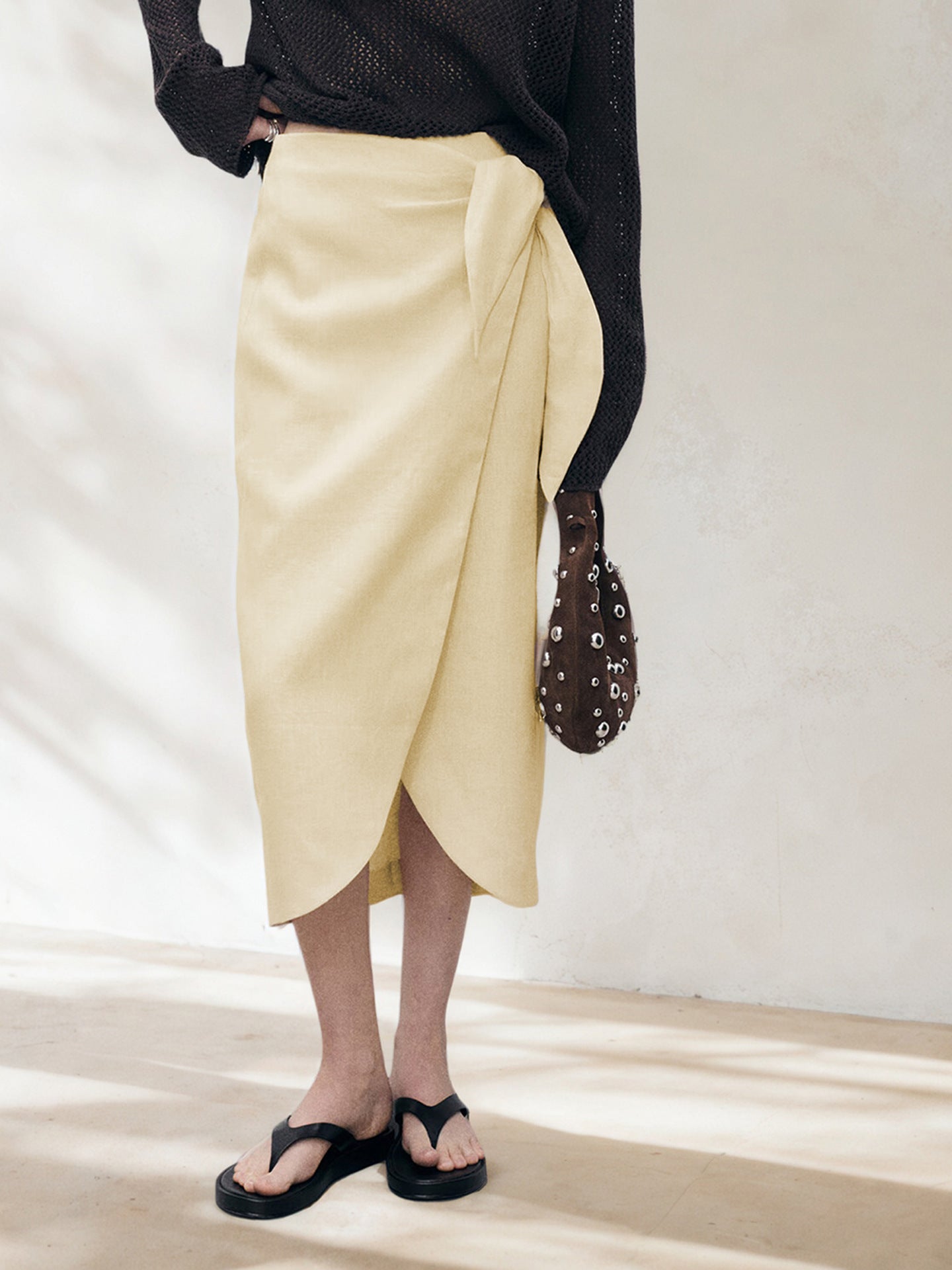Solid Linen Blend Wrap Skirt with Tie-Front and Irregular Hem