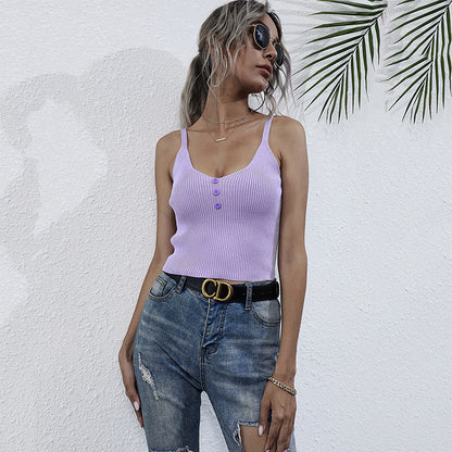 Ribbed Knit Crop Top with Button Front and V-Neck