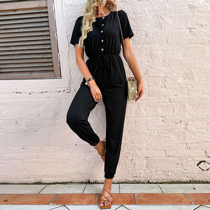 Jogger Jumpsuit with Button Front and Drawstring Waist