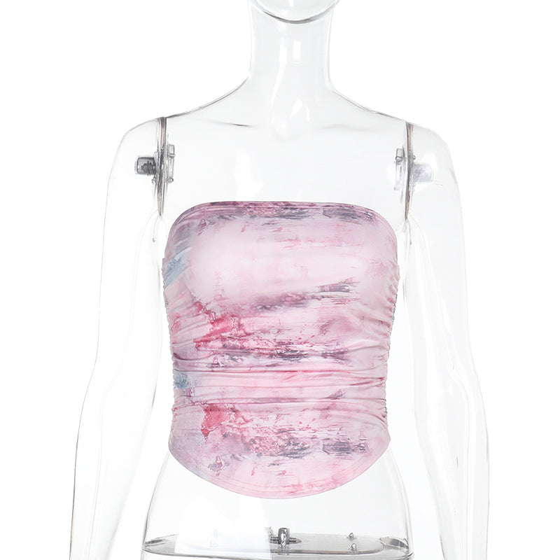 Floral Print Ruched Tube Top with Curved Hem