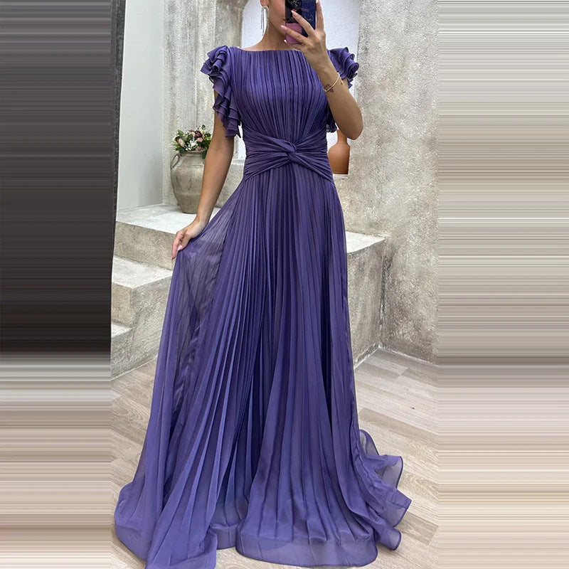 Pleated Maxi Dress with Waist Knot and Ruffle Sleeves