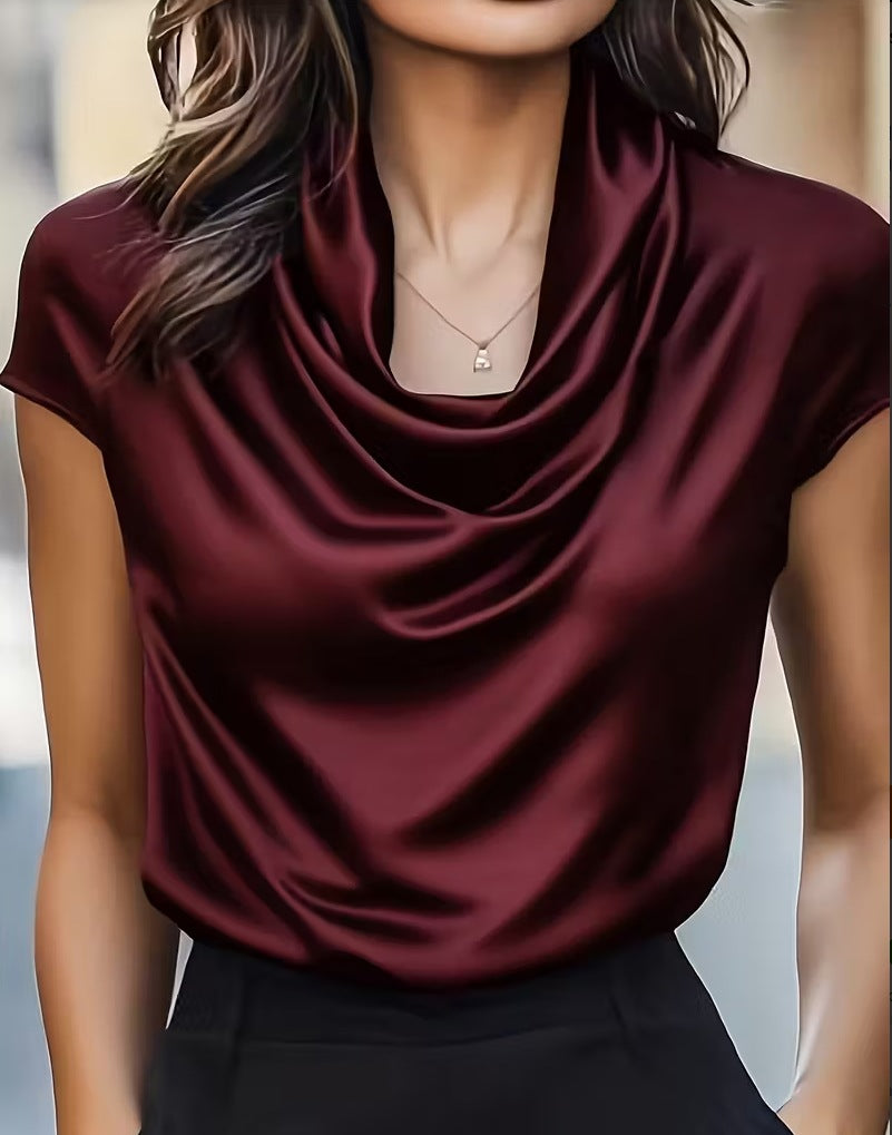 Solid Draped Short Sleeve Top with Cowl Neck