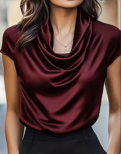 Solid Draped Short Sleeve Top with Cowl Neck