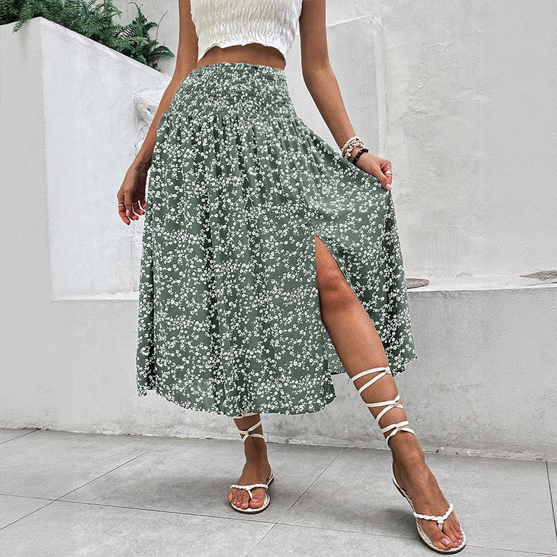 Floral Print Midi Skirt with Smocked Waist and Slit