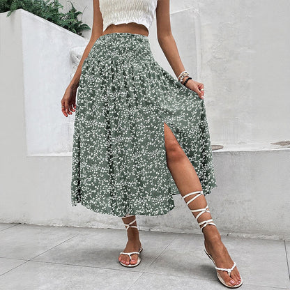 Floral Print Midi Skirt with Smocked Waist and Slit