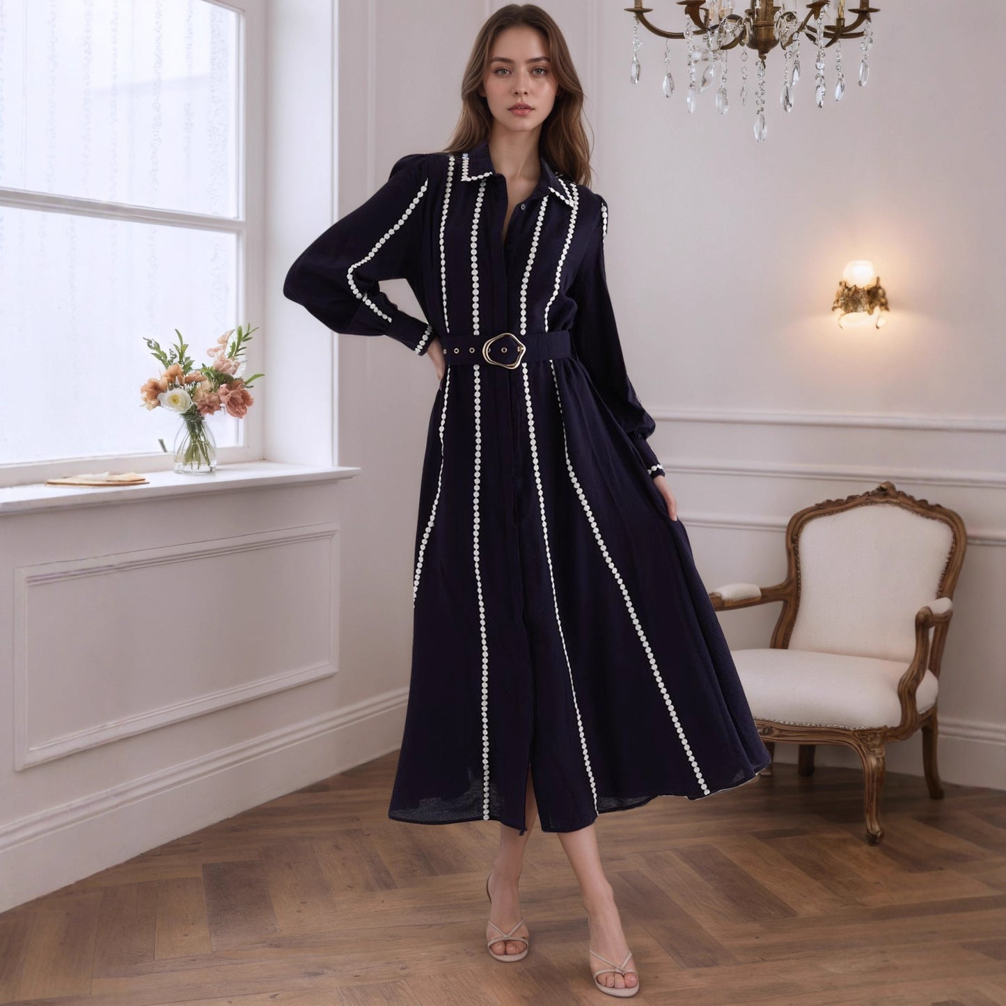 Trench Style Maxi Dress with Lapel Collar and Pearl Trim
