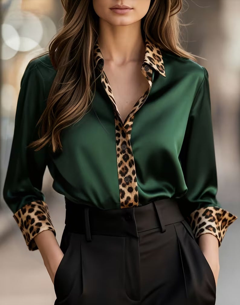 Satin Button-Down Blouse with Leopard Print Trim