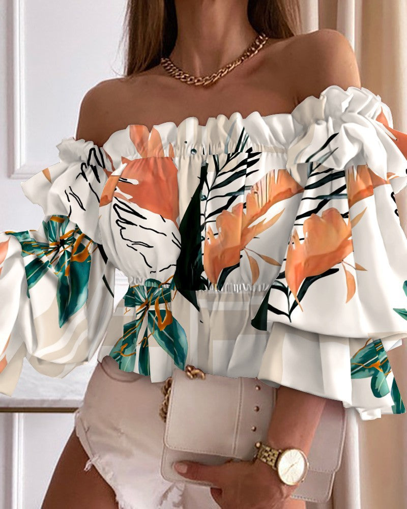 Printed Off-the-Shoulder Blouse with Peplum Hem