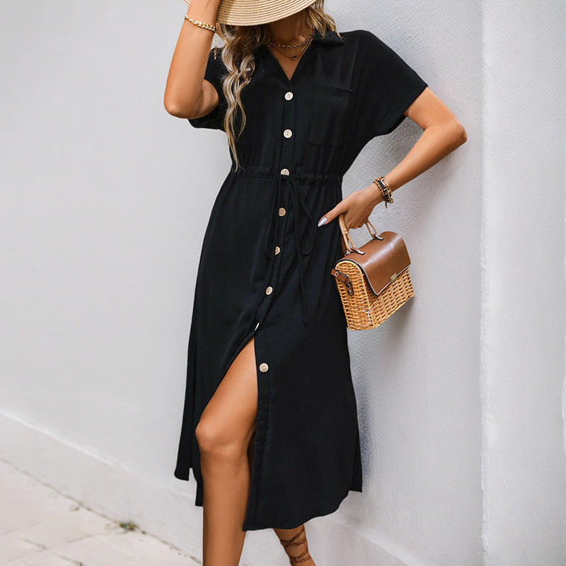 Solid Color Midi Shirt Dress with Drawstring Waist and Pockets