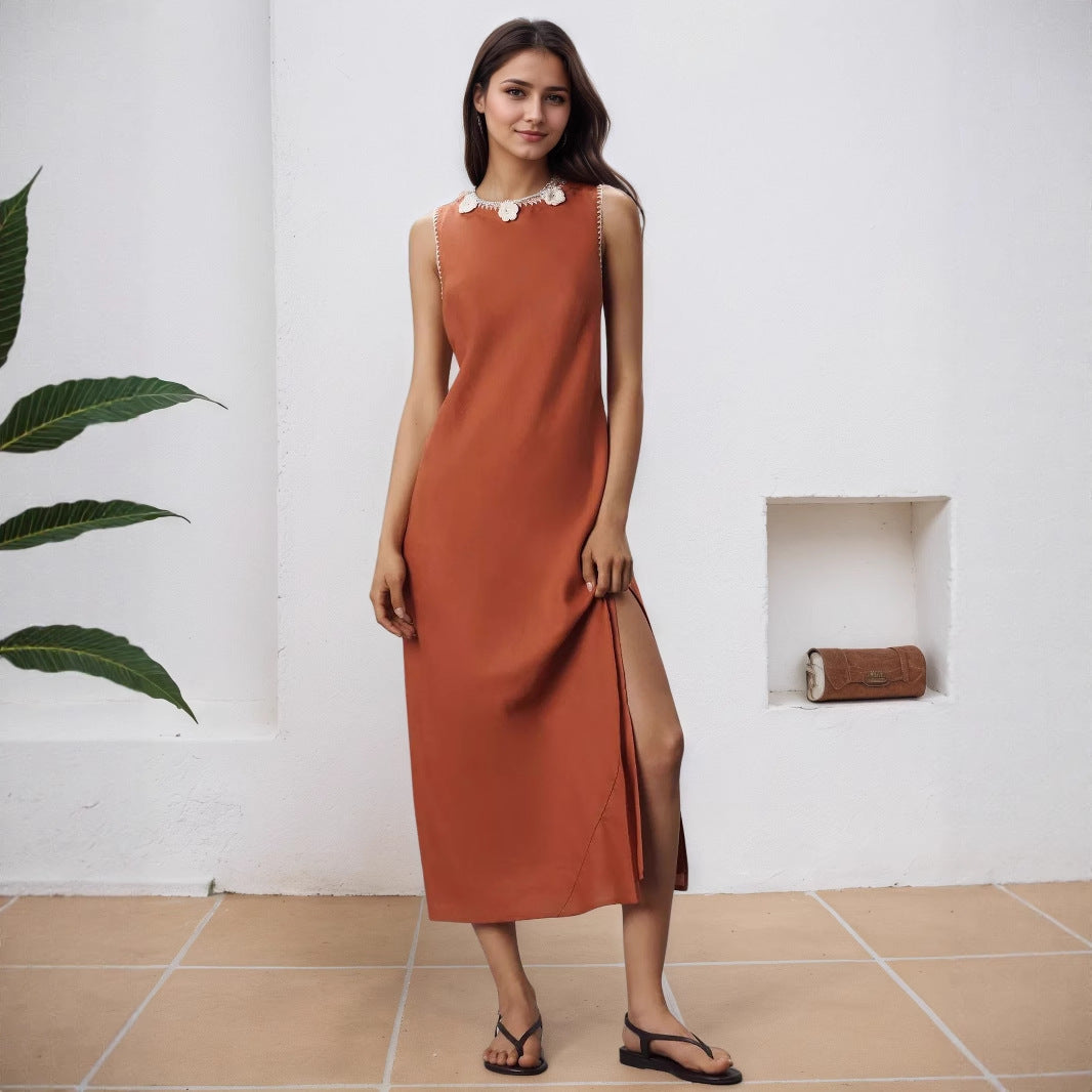 Floral Appliqué Open Back Midi Dress with Side Slit