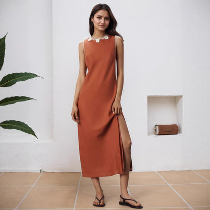 Floral Appliqué Open Back Midi Dress with Side Slit
