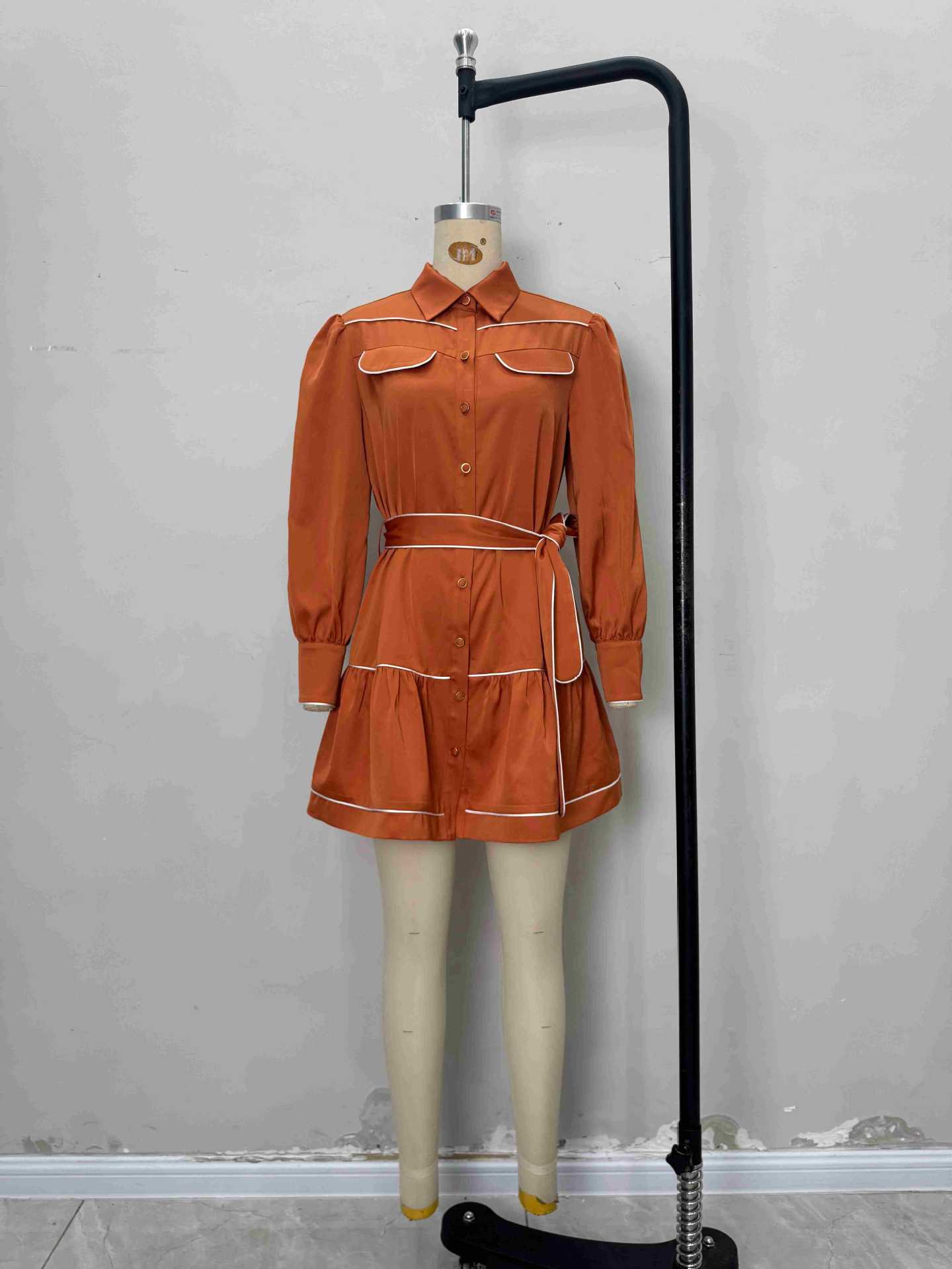 Satin Tiered Mini Shirt Dress with Contrasting Piping