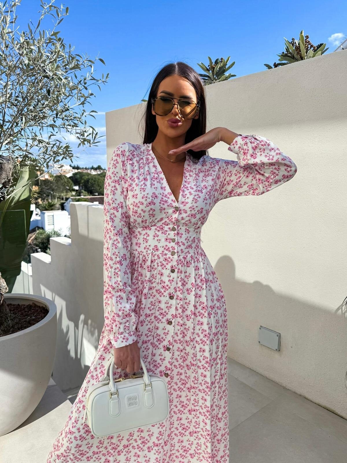 A-Line Floral Print Maxi Dress with V-Neck and Button Front