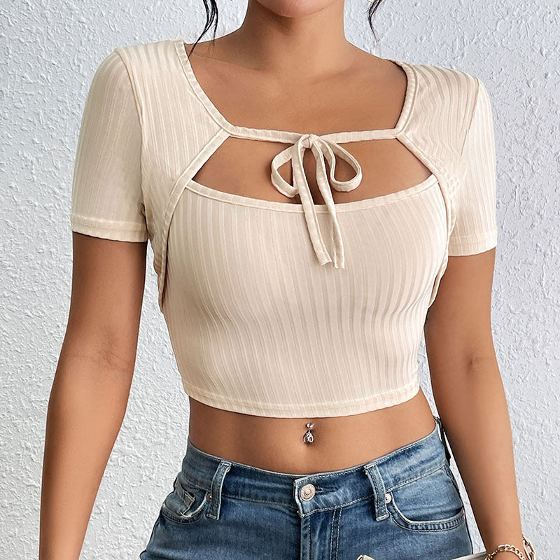 Ribbed Crop Top with Square Neck and Tie-Front Cut-Out