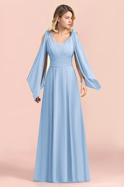A-Line Maxi Dress with Pleated Bodice and Draped Sleeves