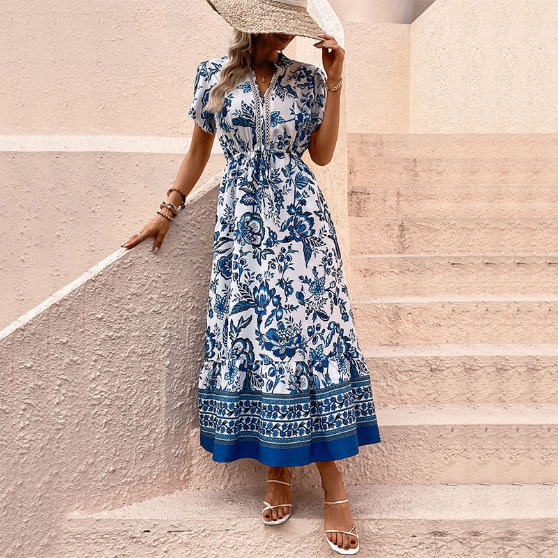 Floral Print A-Line Midi Dress with V-Neck and Drawstring