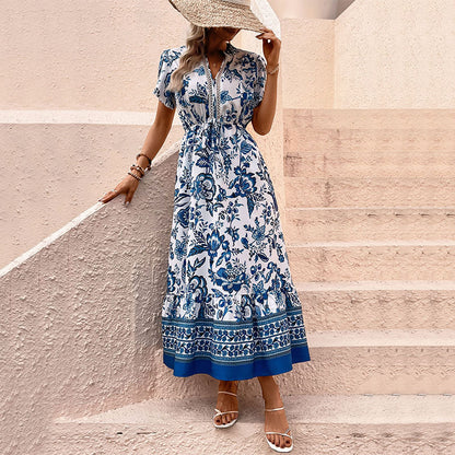 Floral Print A-Line Midi Dress with V-Neck and Drawstring