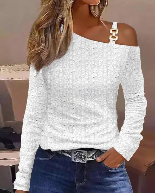 Animal Print Long Sleeve Top with Oblique Collar and Metal Buckle