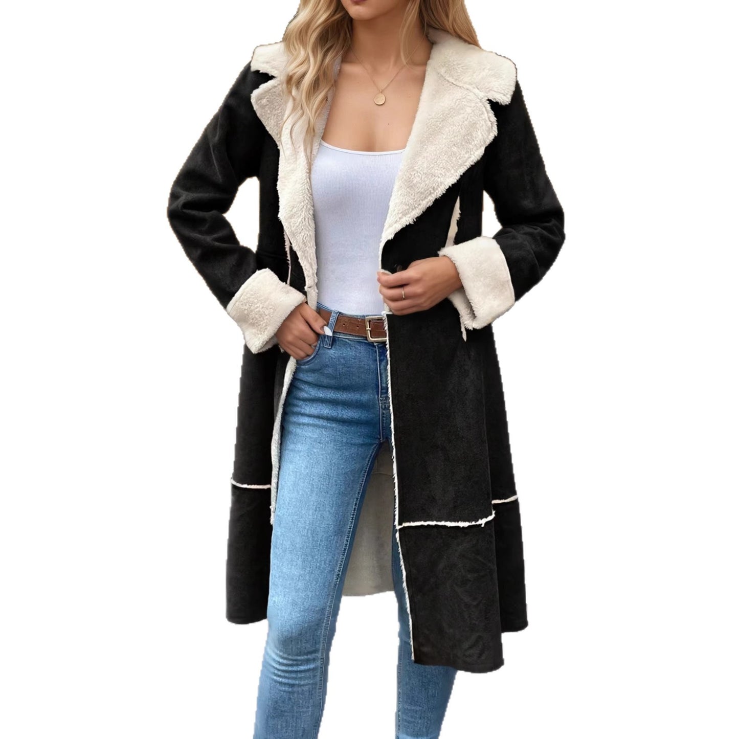 Long Suede-Look Coat with Faux Shearling Lining