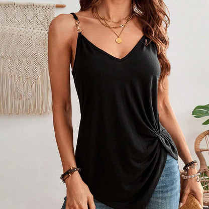 Solid V-Neck Camisole with Chain Strap and Side Twist Detail