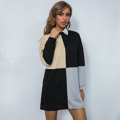 Color-Blocked A-Line Sweatshirt Dress with Contrast Collar