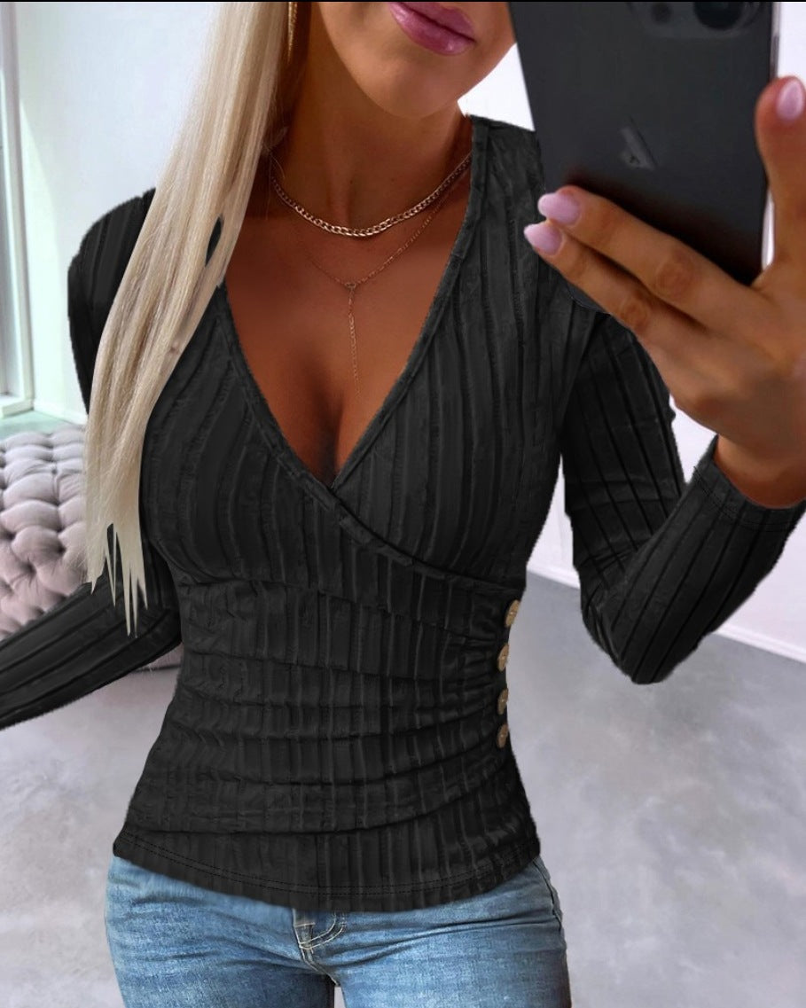 Slim Fit Ribbed Knit Pullover with Faux Wrap V-Neck and Ruched Sides