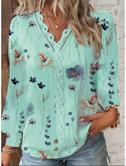 Floral Print Blouse with Lace V-Neck and Long Sleeves