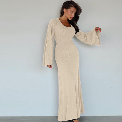 Ribbed Maxi Dress with Bell Sleeves and Lace-Up Back