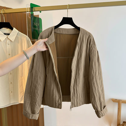 Collarless Textured Jacket with Zipper Front