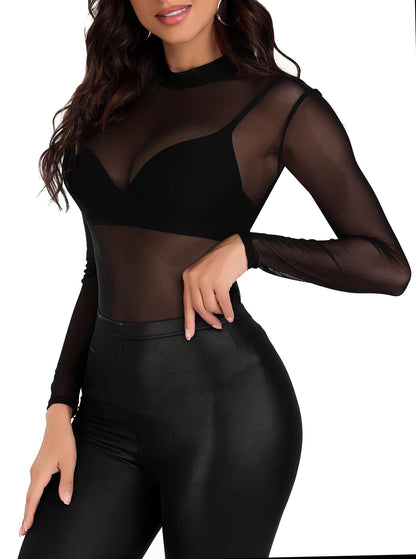 Flocked Floral Mesh Top with Mock Neck and Long Sleeves