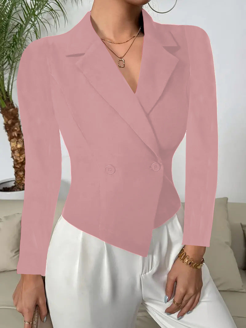Cropped Double-Breasted Blazer with Asymmetrical Hem