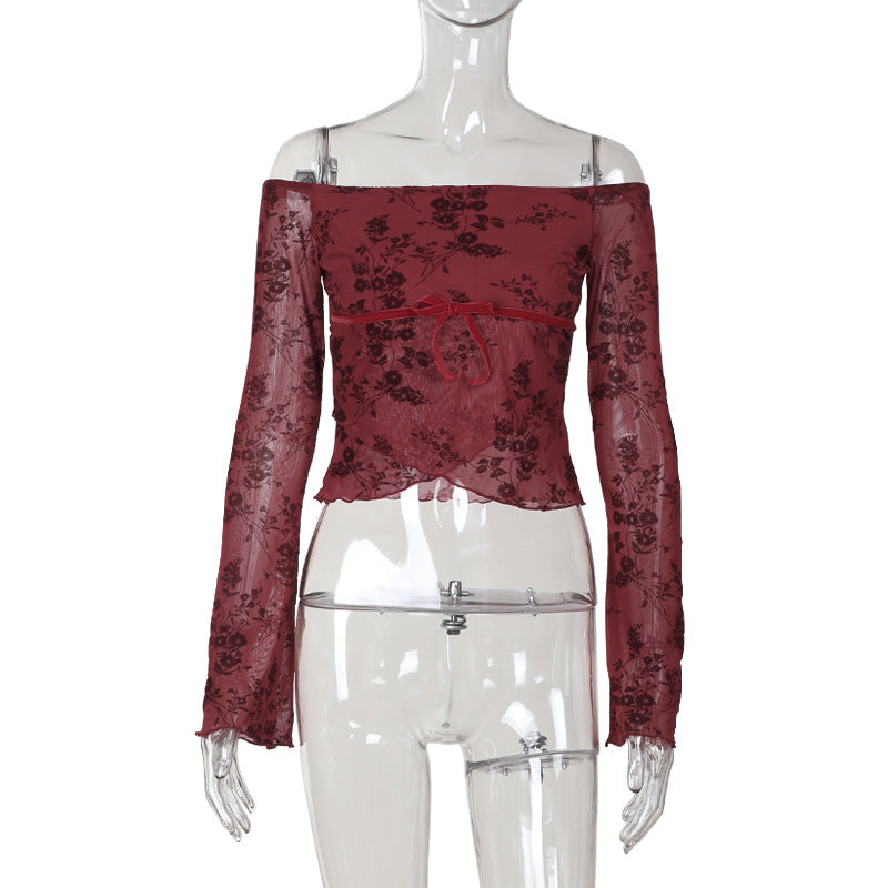 Floral Mesh Off-the-Shoulder Top with Flared Sleeves