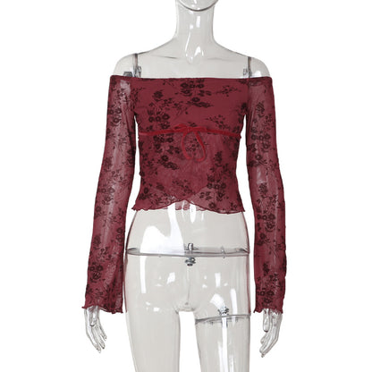 Floral Mesh Off-the-Shoulder Top with Flared Sleeves