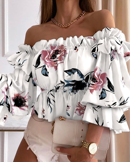 Printed Off-Shoulder Blouse with Ruffled Sleeves and Gathered Hem