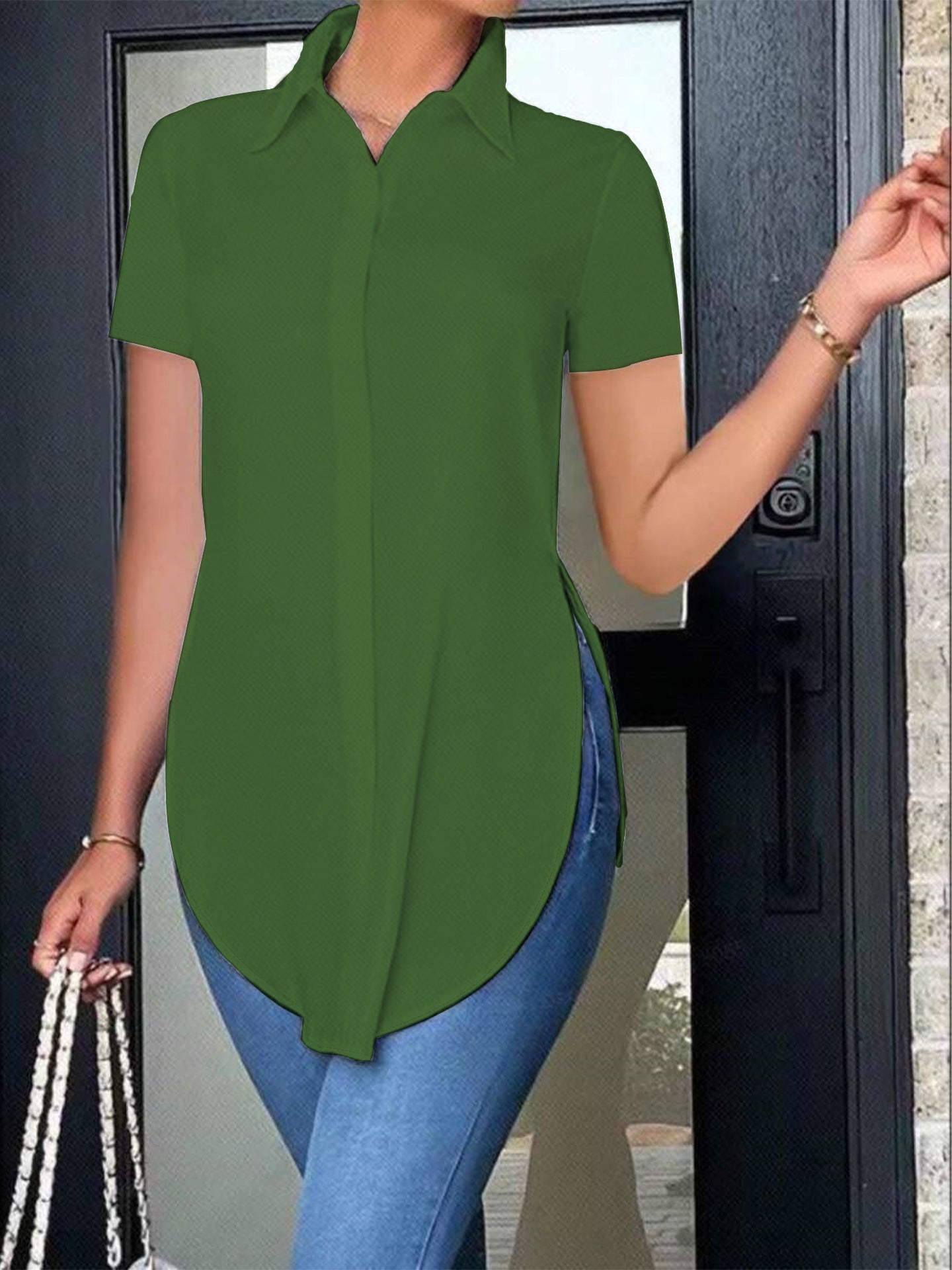 Short Sleeve Button-Down Shirt with Curved High-Low Hem
