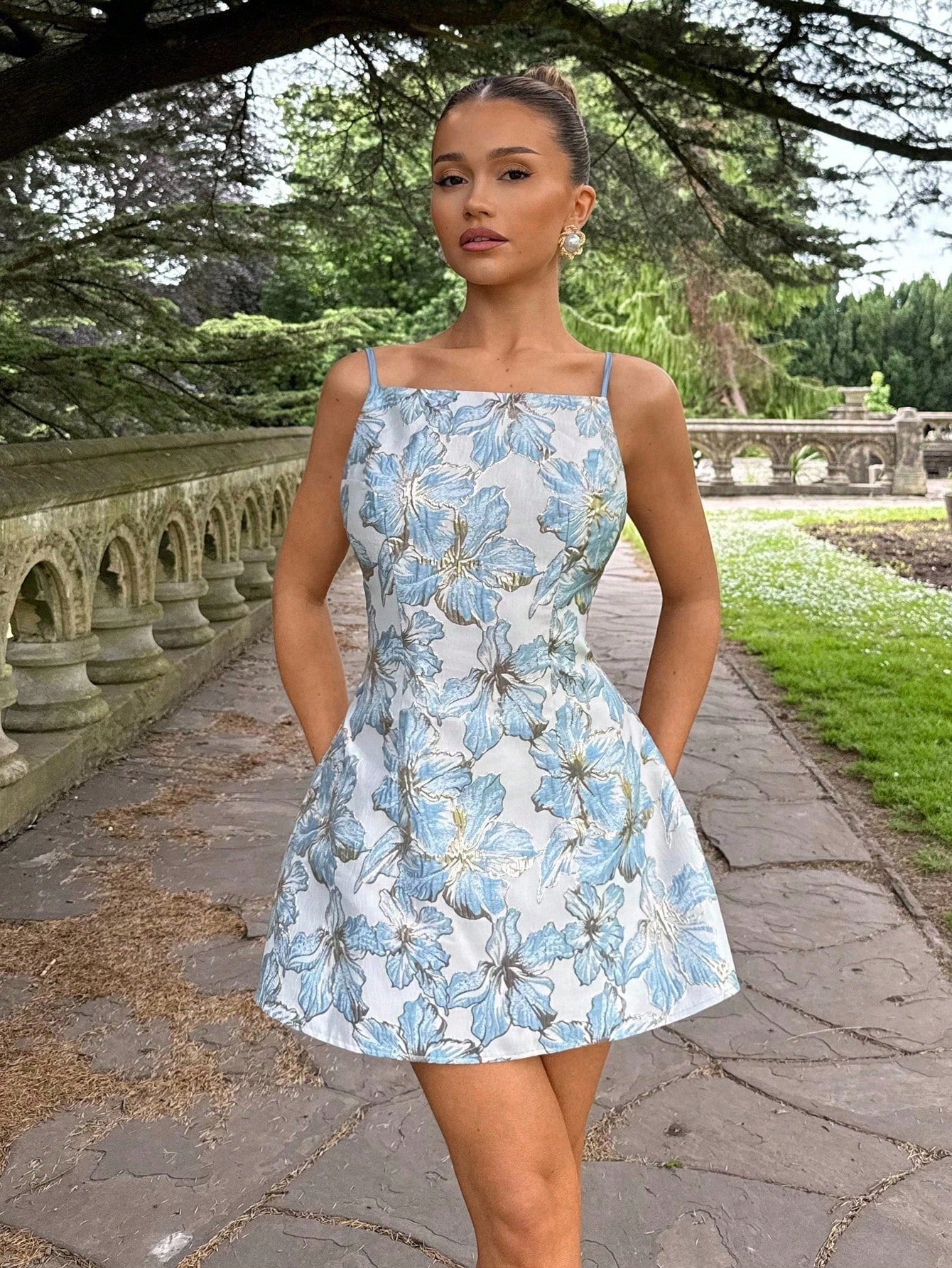 Floral Jacquard A-Line Mini Dress with Square Neck