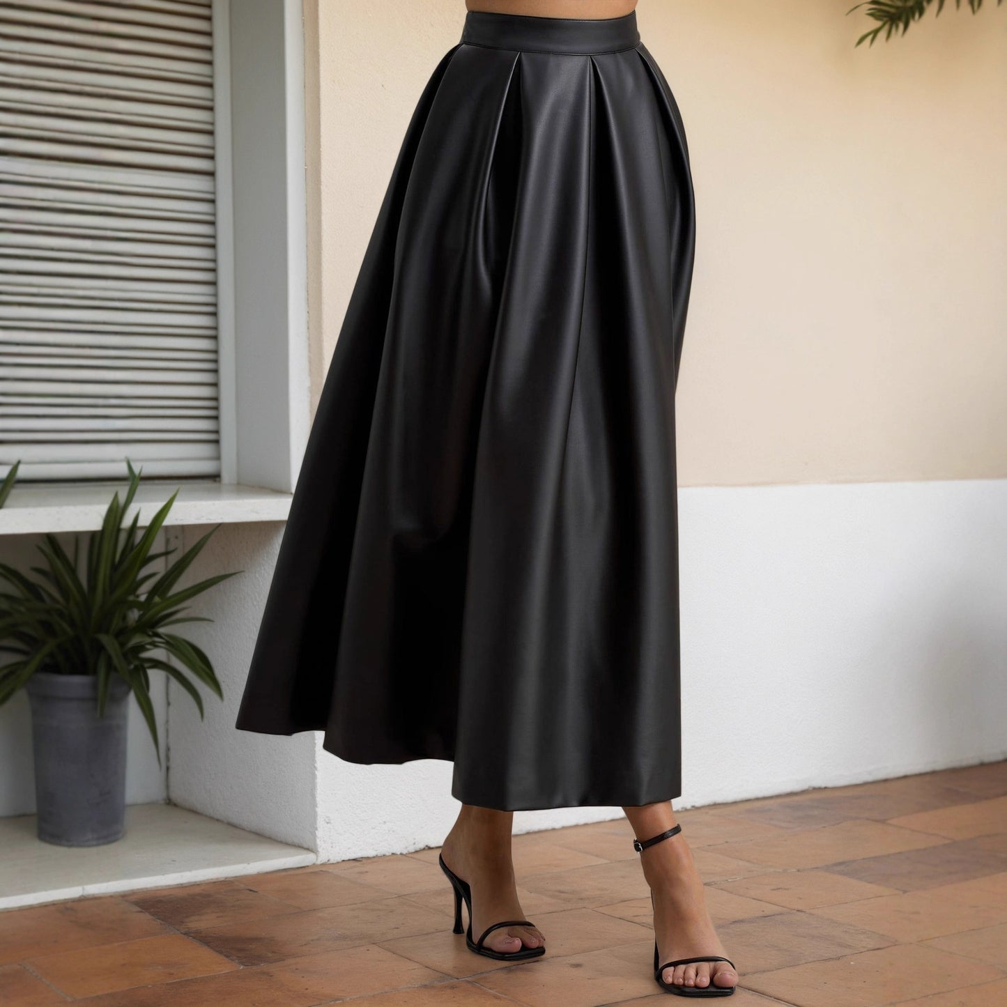 High-Waist Pleated Faux Leather Midi Skirt