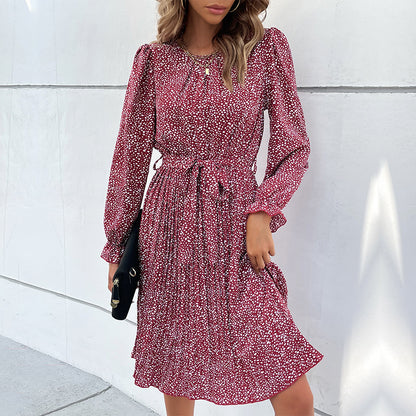 Leopard Print A-Line Midi Dress with Tie-Waist and Ruffle Cuffs