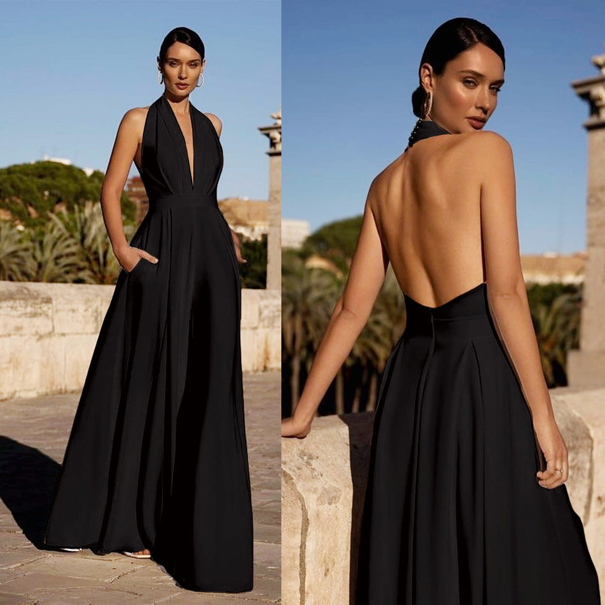Wide-Leg Jumpsuit with Halter Neck and Deep V-Neck