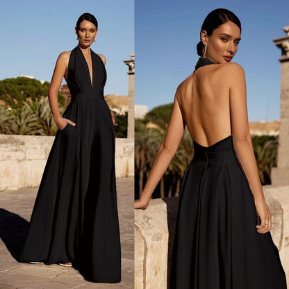 Wide-Leg Jumpsuit with Halter Neck and Deep V-Neck