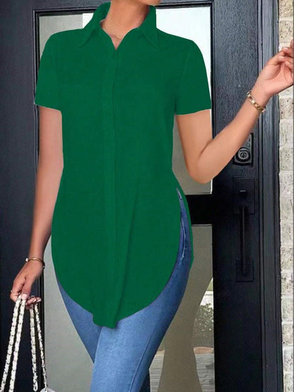 Short Sleeve Button-Down Shirt with Curved High-Low Hem