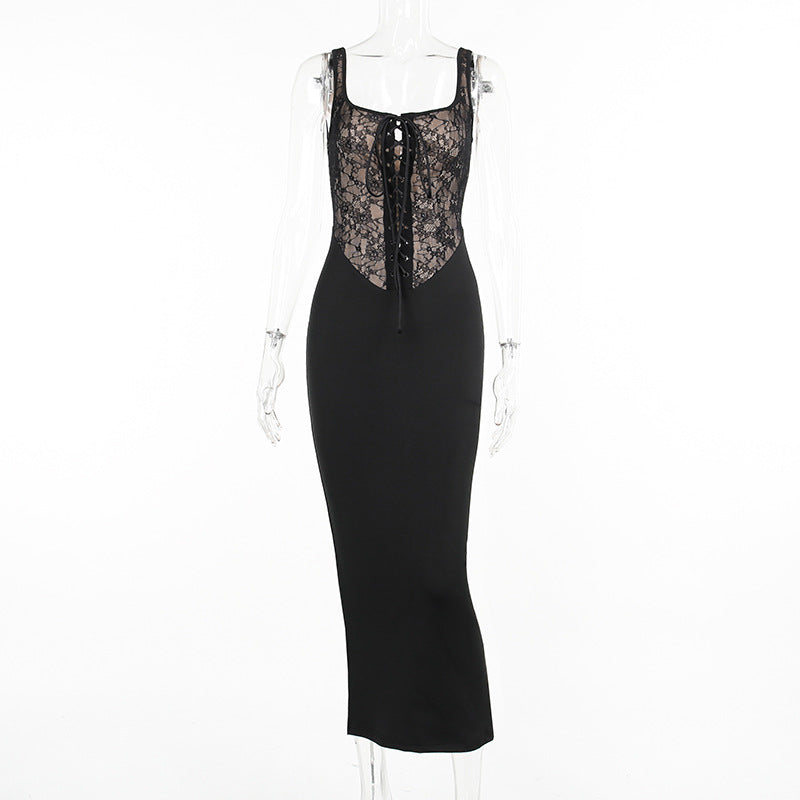 Bodycon Maxi Dress with Lace-Up Corset and Lace Panels