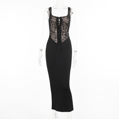 Bodycon Maxi Dress with Lace-Up Corset and Lace Panels