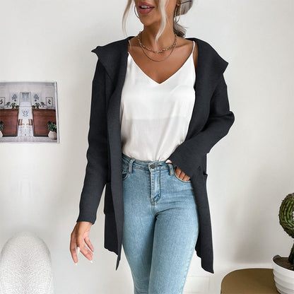 Long Open-Front Cardigan with Hood and Ribbed Knit